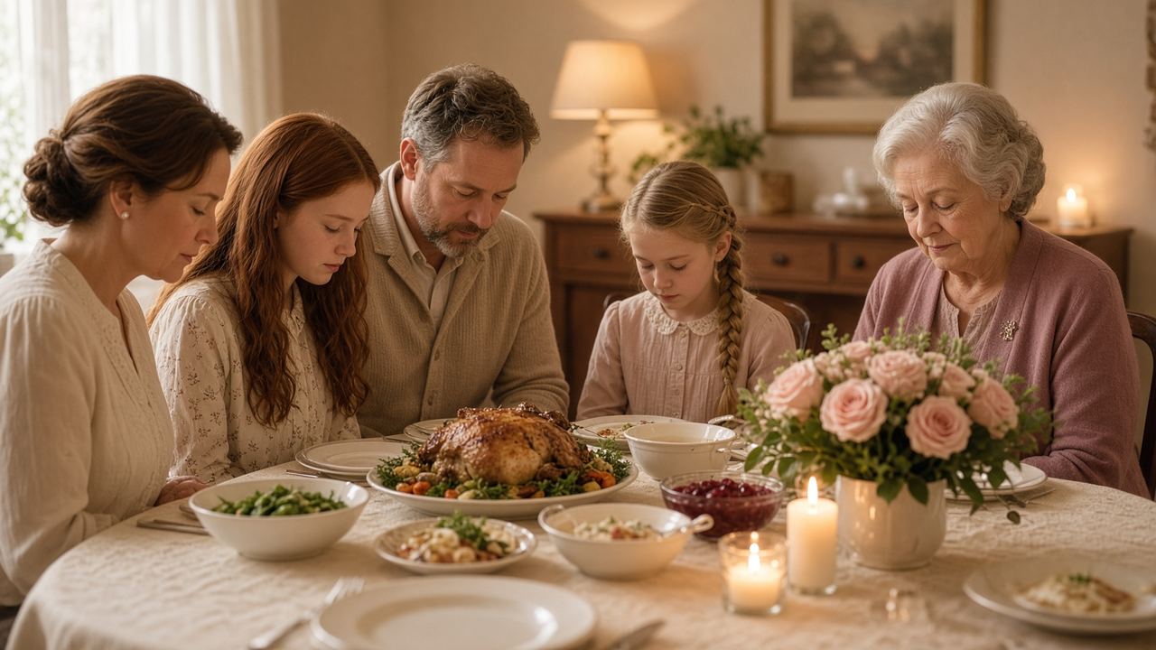 A family gathered in prayer at dinner